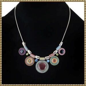 Boho Silver Tone Crystal Enamel Pendant Necklace